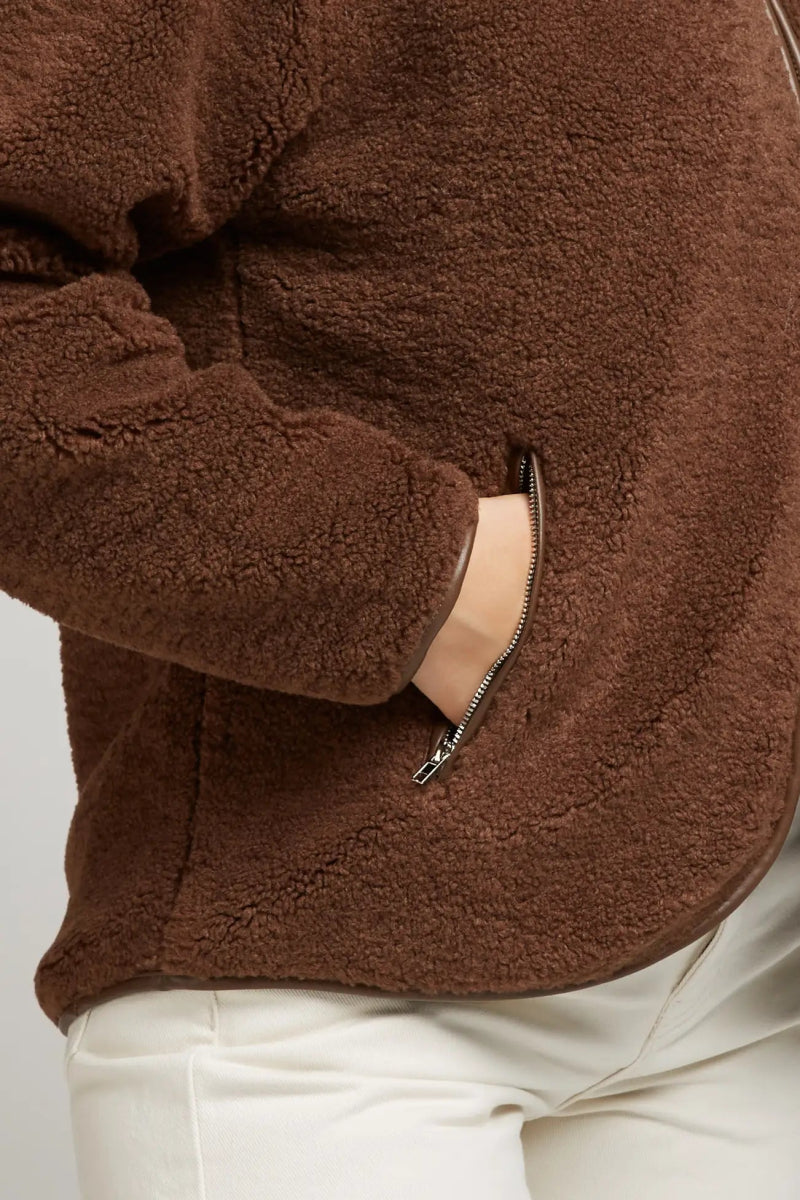 Veste moumoute chocolat bordée façon cuir - RIVE GAUCHE