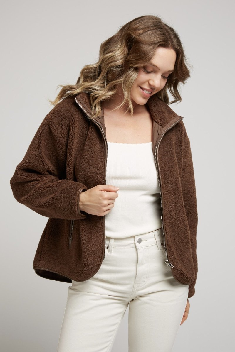 Veste moumoute chocolat bordée façon cuir - RIVE GAUCHE