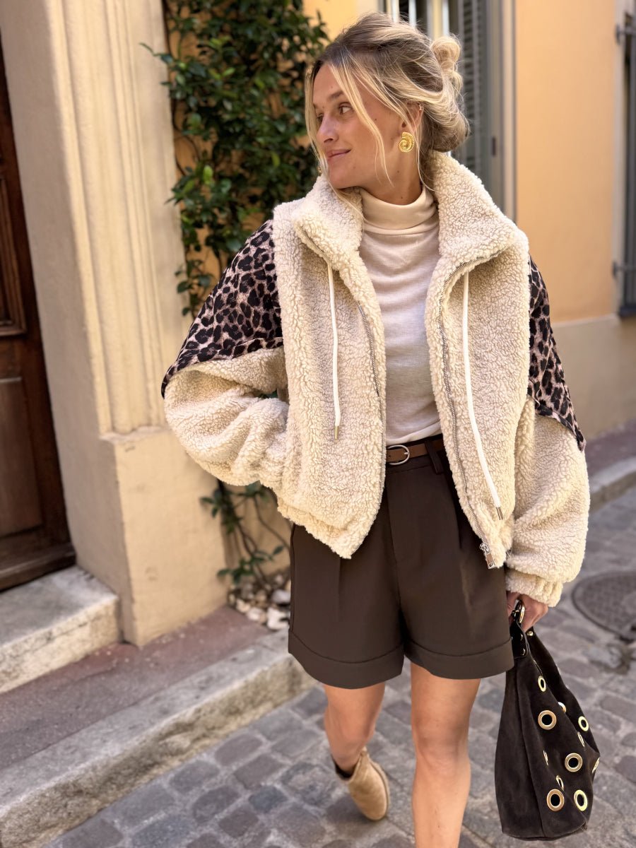 Veste moumoute écrue à empiècements léopard - RIVE GAUCHE