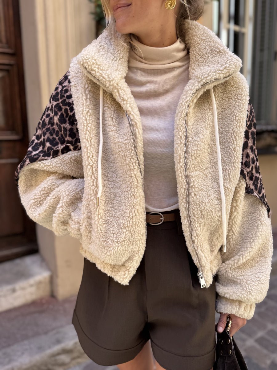 Veste moumoute écrue à empiècements léopard - RIVE GAUCHE
