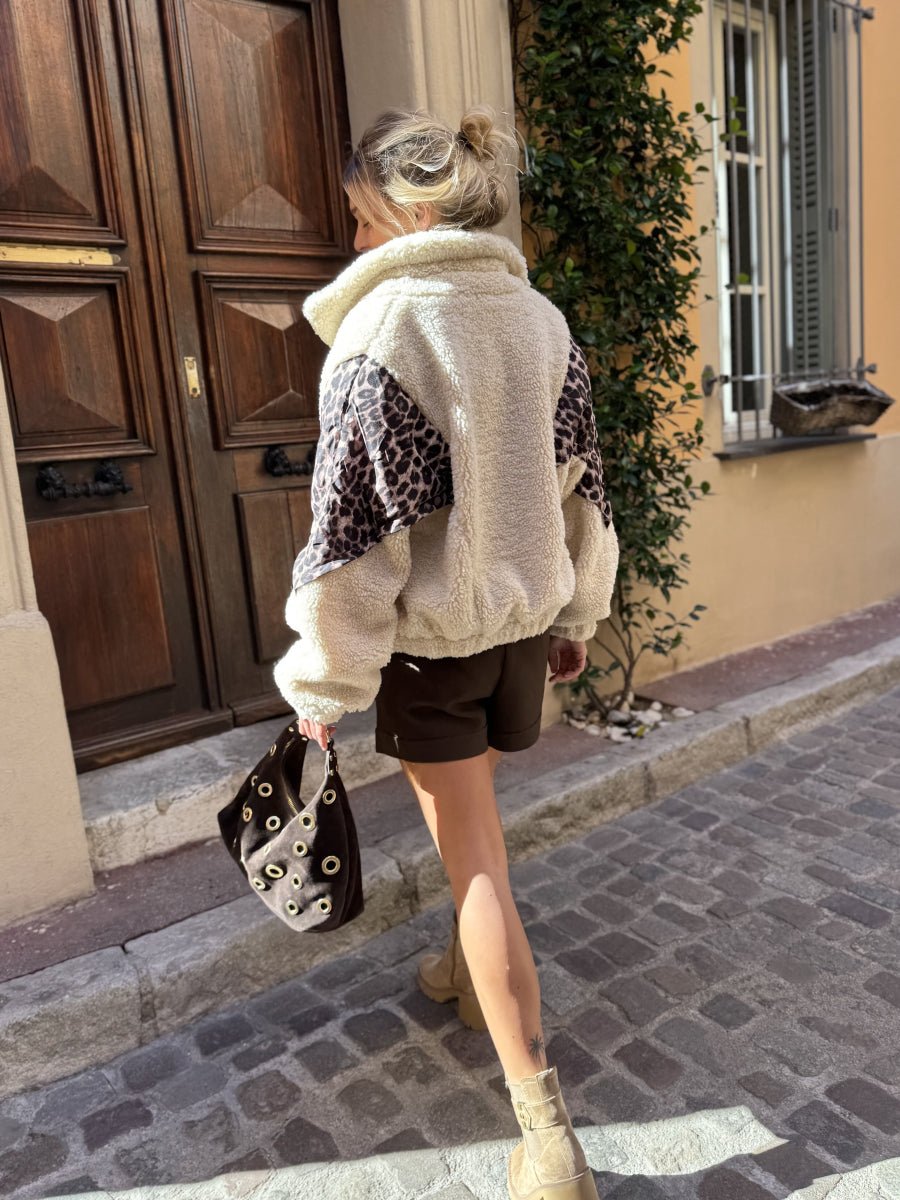 Veste moumoute écrue à empiècements léopard - RIVE GAUCHE