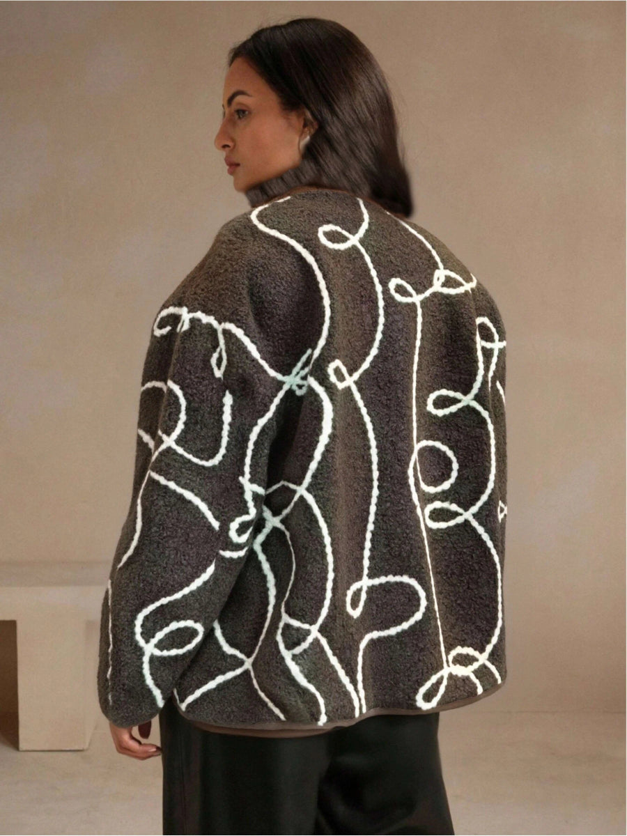 Veste moumoute oversize marron brodée avec poches - RIVE GAUCHE