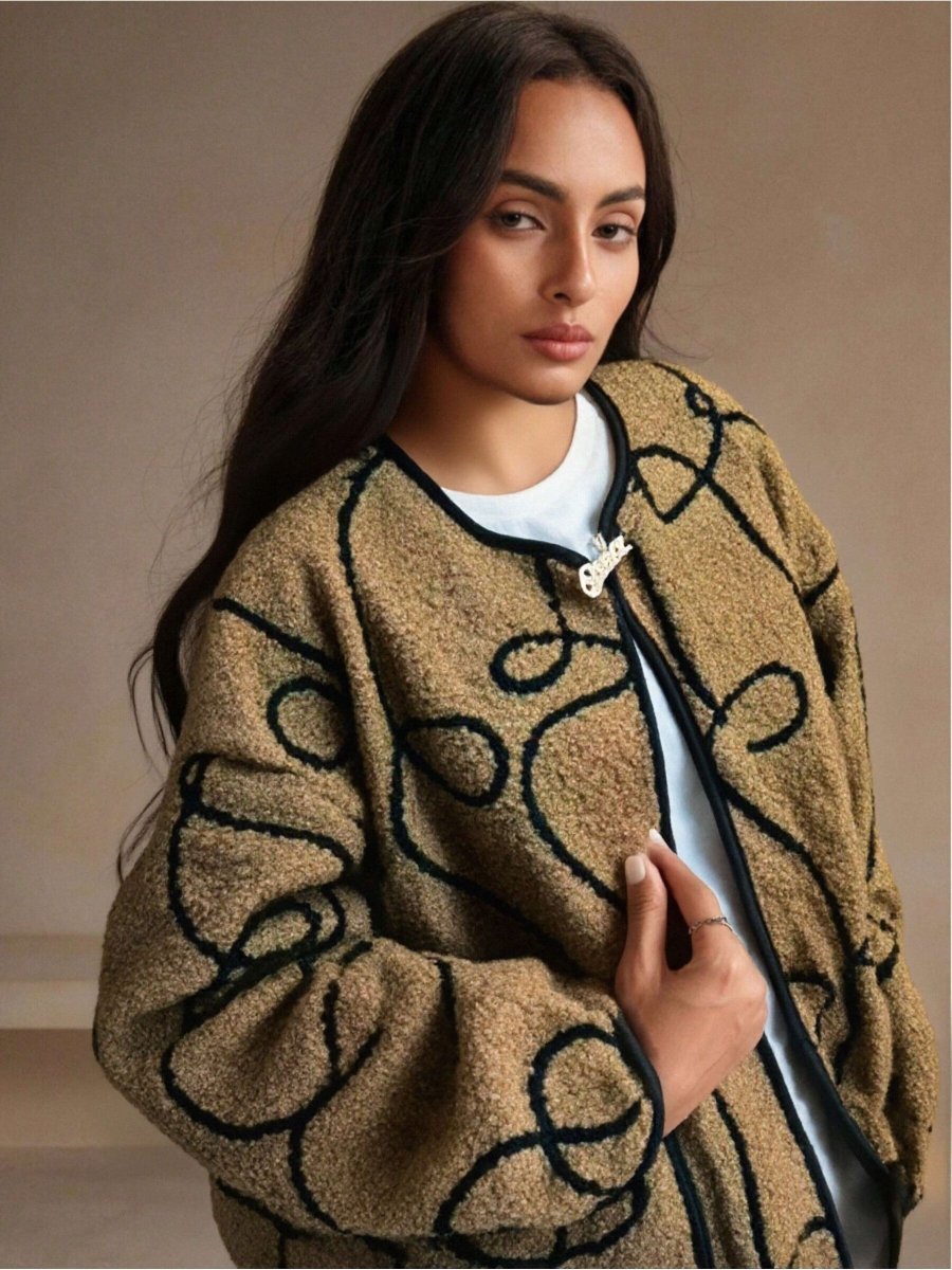 Veste moumoute oversize taupe brodée avec poches - RIVE GAUCHE