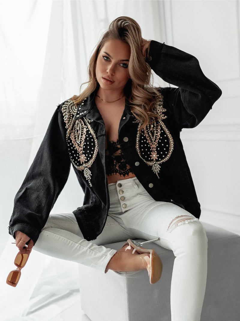 Veste noir oversize en jeans avec broderies et perles - RIVE GAUCHE