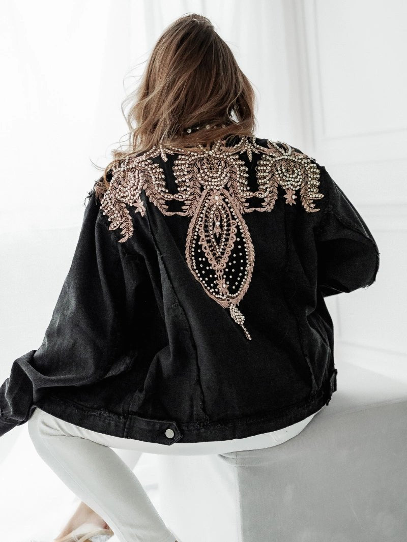 Veste noir oversize en jeans avec broderies et perles - RIVE GAUCHE