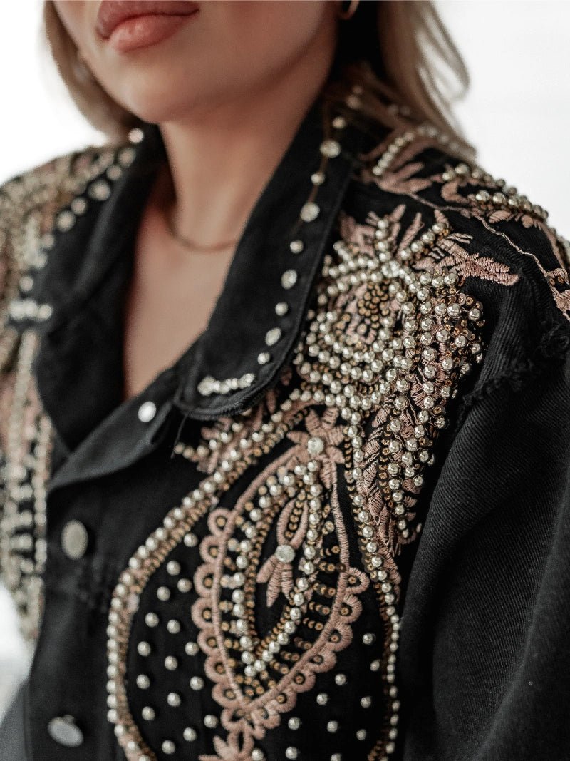 Veste noir oversize en jeans avec broderies et perles - RIVE GAUCHE