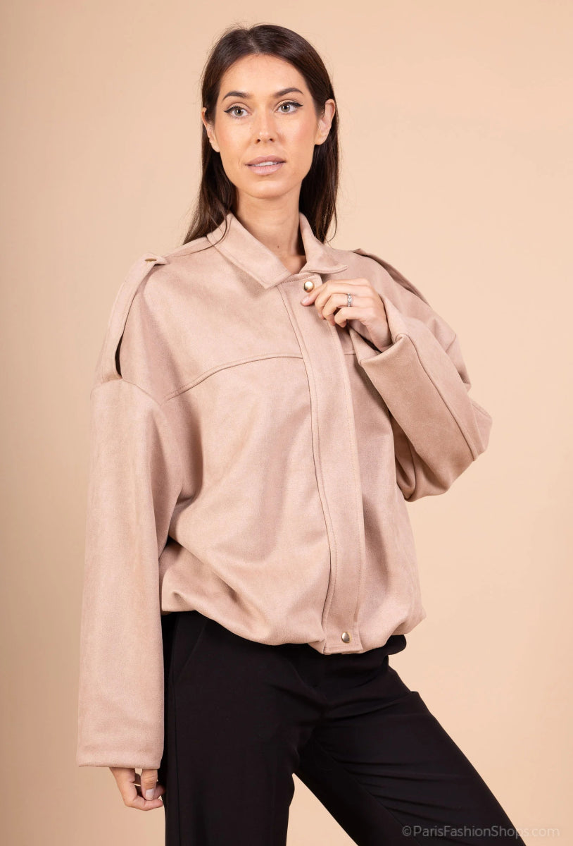 Veste oversize beige en suédine à col classique - RIVE GAUCHE