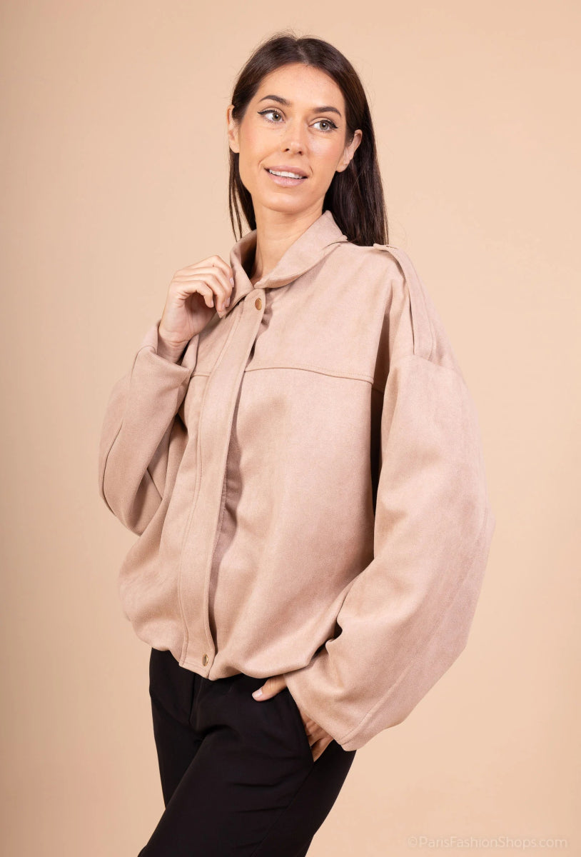 Veste oversize beige en suédine à col classique - RIVE GAUCHE