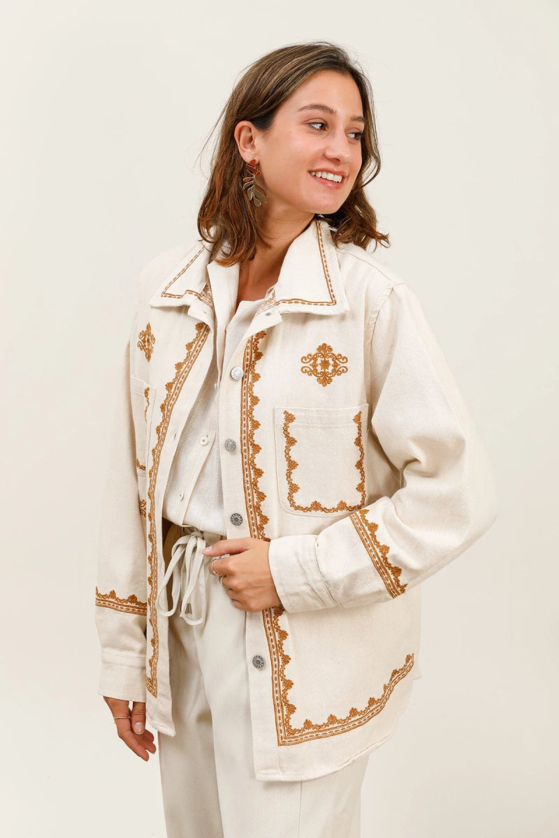 Veste oversize brodée esprit folk – Écru & camel - RIVE GAUCHE