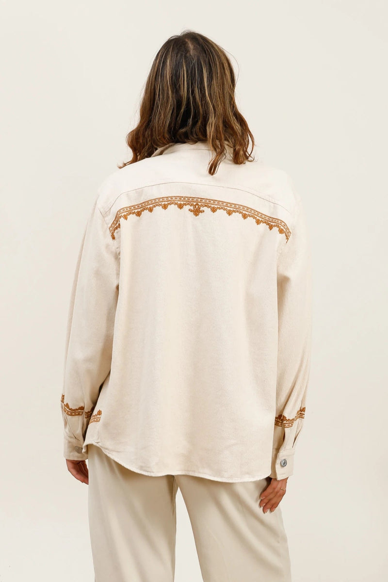 Veste oversize brodée esprit folk – Écru & camel - RIVE GAUCHE