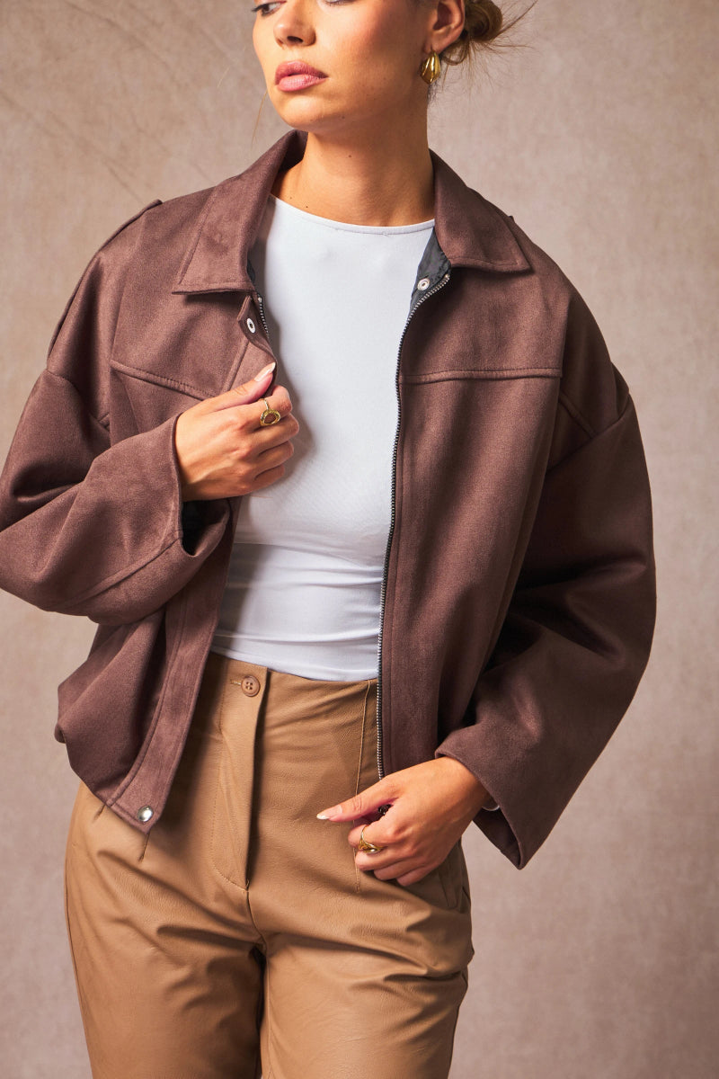 Veste oversize marron en suédine à col classique - RIVE GAUCHE