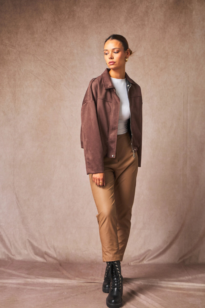 Veste oversize marron en suédine à col classique - RIVE GAUCHE