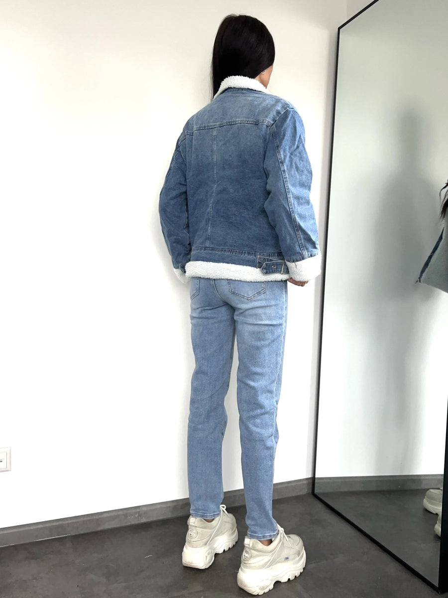 Veste perfecto en denim bleu avec moumoute - RIVE GAUCHE