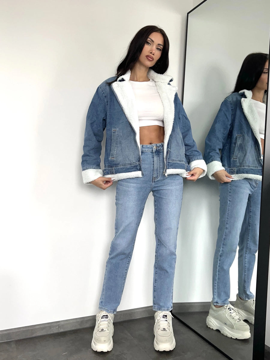 Veste perfecto en denim bleu avec moumoute - RIVE GAUCHE