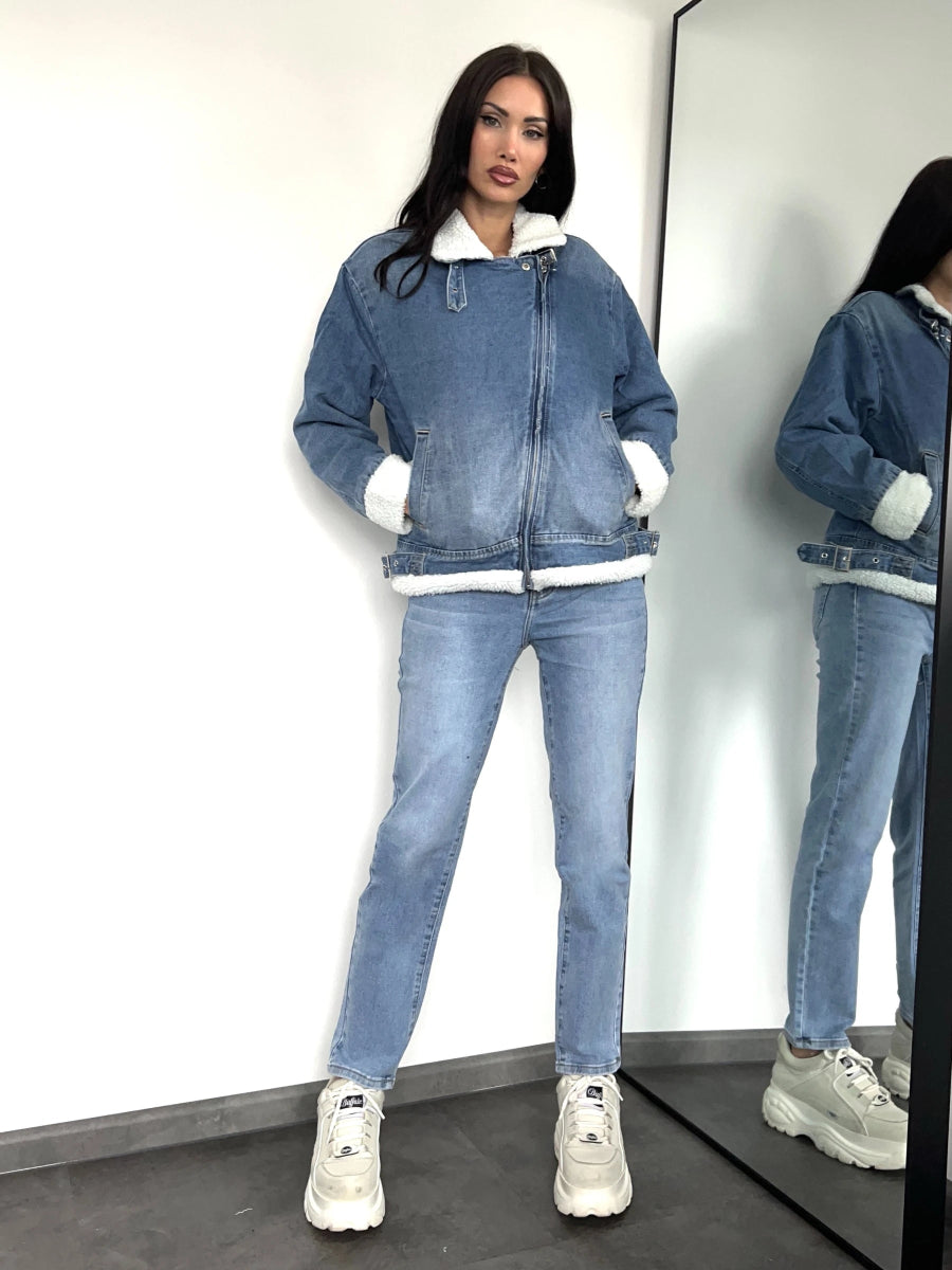 Veste perfecto en denim bleu avec moumoute - RIVE GAUCHE