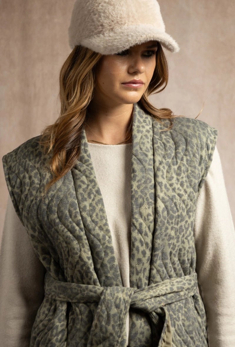 Veste sans manche léopard avec broderie moumoute et ceinture - RIVE GAUCHE
