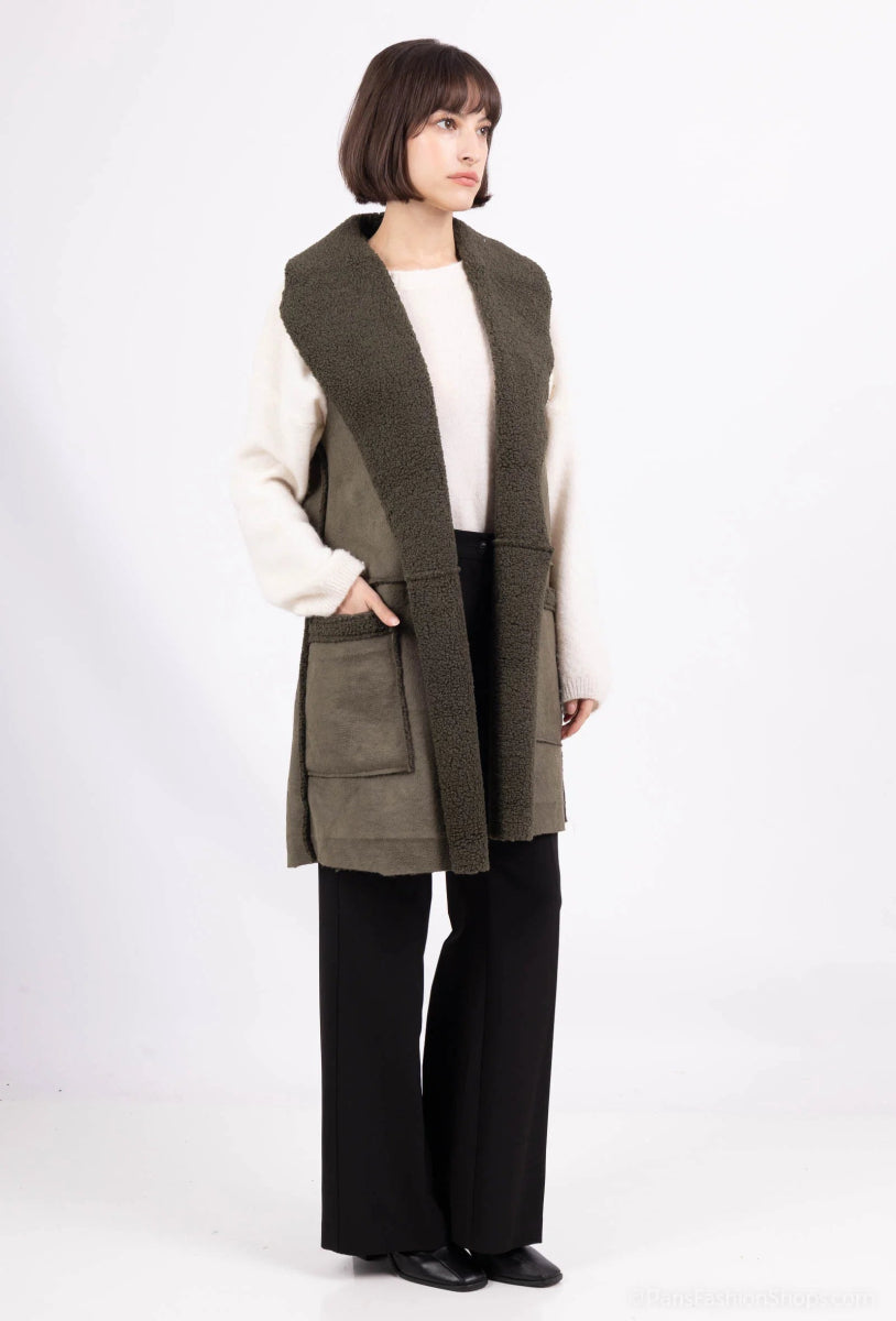 Veste sans manches en suédine kaki avec poches - RIVE GAUCHE