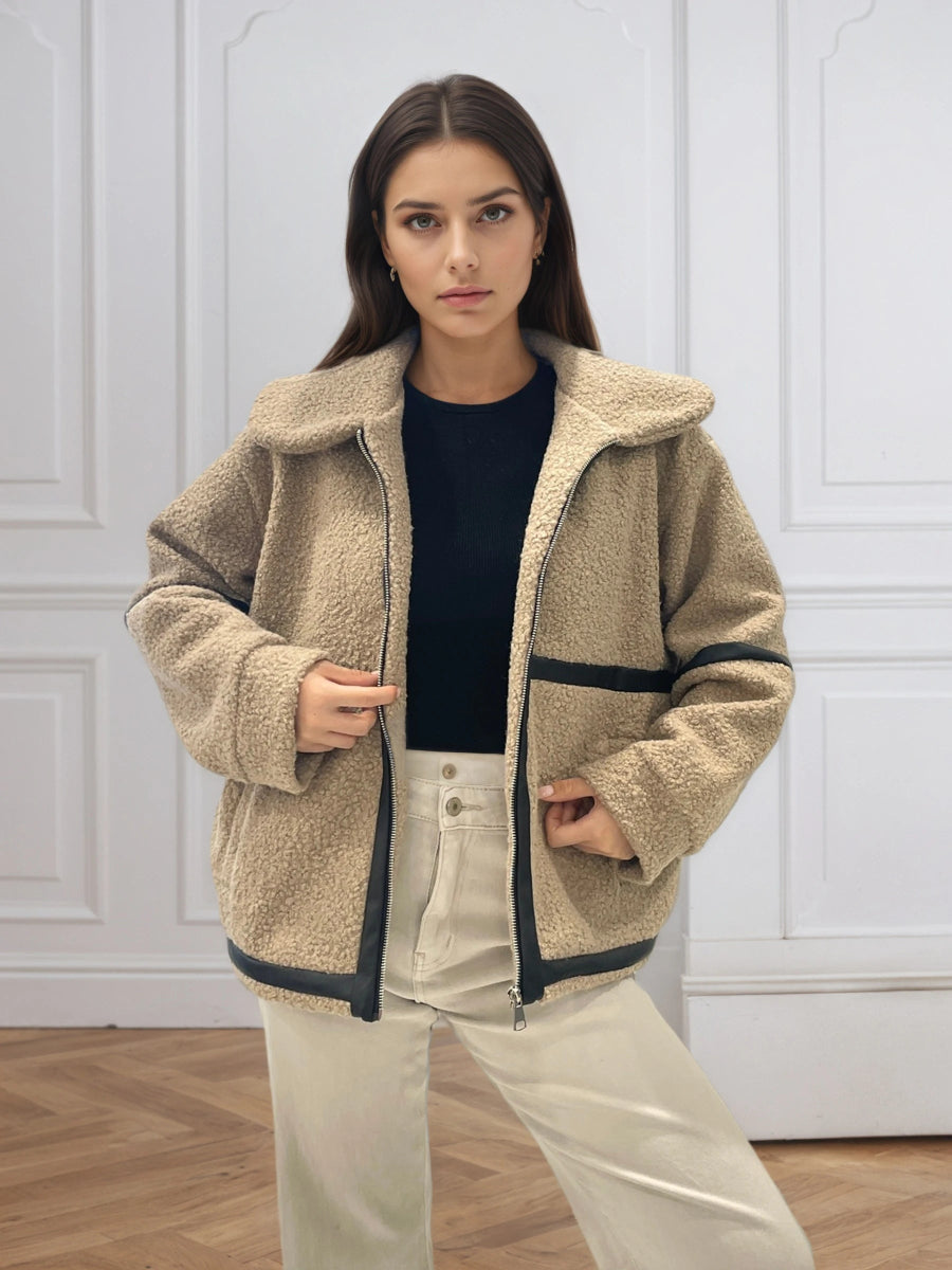 Veste Teddy en moumoute beige à détail similicuir - RIVE GAUCHE