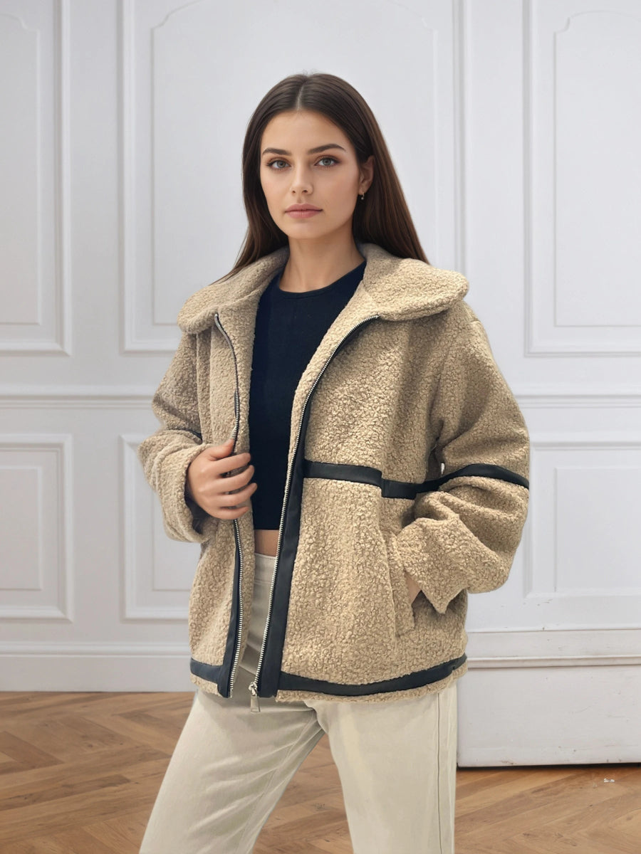 Veste Teddy en moumoute beige à détail similicuir - RIVE GAUCHE