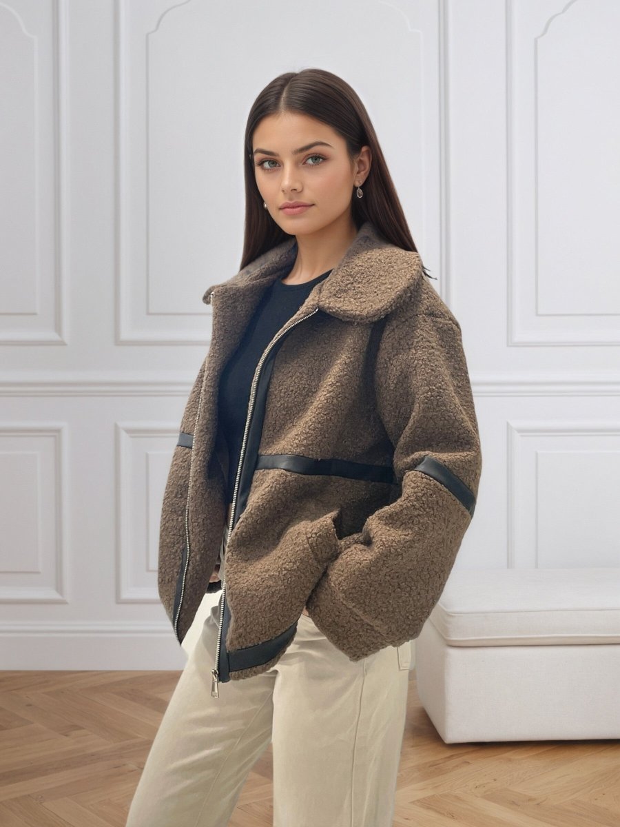 Veste Teddy en moumoute chocolat à détail similicuir - RIVE GAUCHE