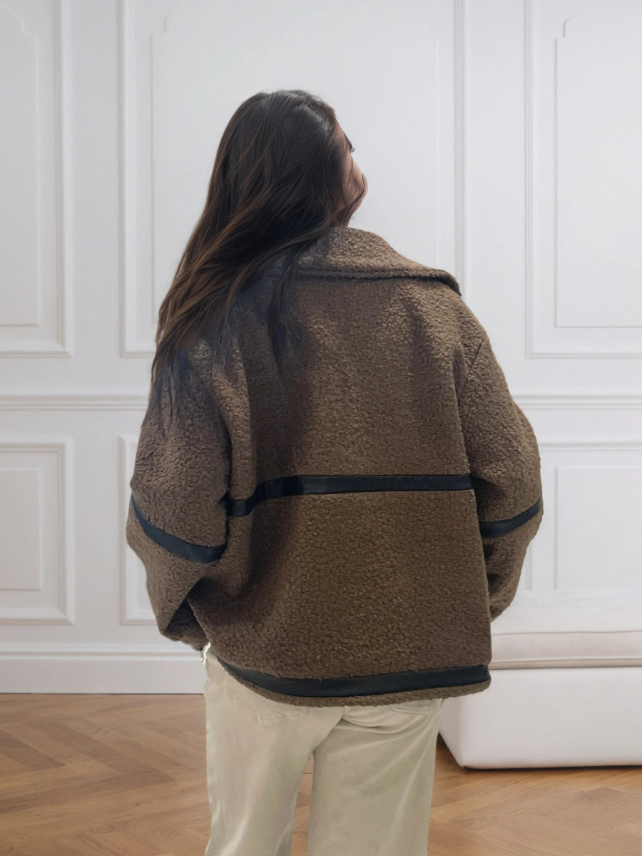 Veste Teddy en moumoute chocolat à détail similicuir - RIVE GAUCHE
