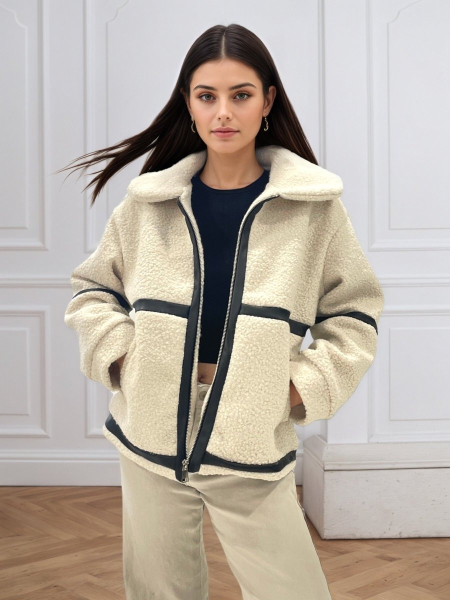 Veste Teddy en moumoute écru à détail similicuir - RIVE GAUCHE