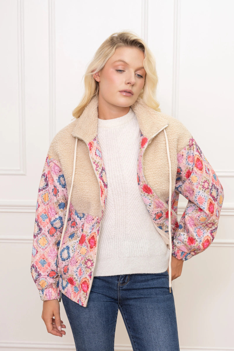 Veste zippée à empiècement sherpa et imprimé géométrique coloré - RIVE GAUCHE