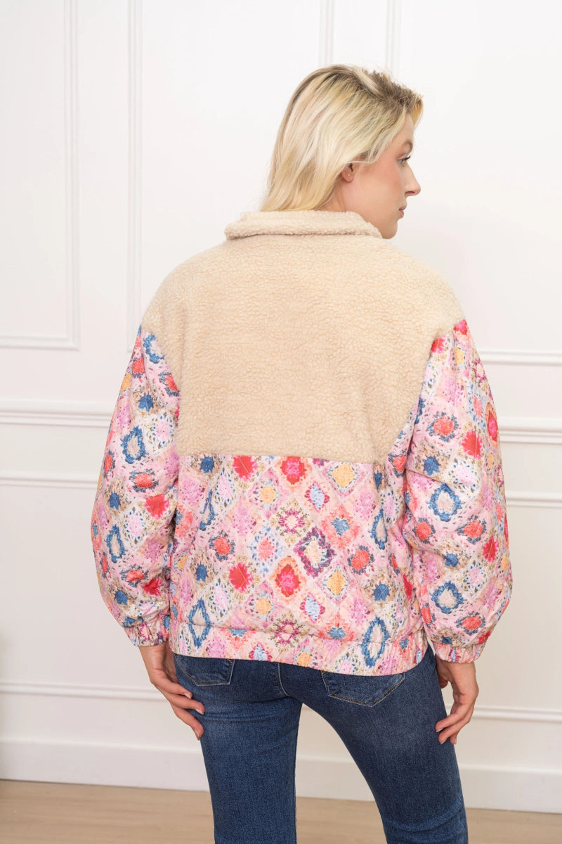 Veste zippée à empiècement sherpa et imprimé géométrique coloré - RIVE GAUCHE