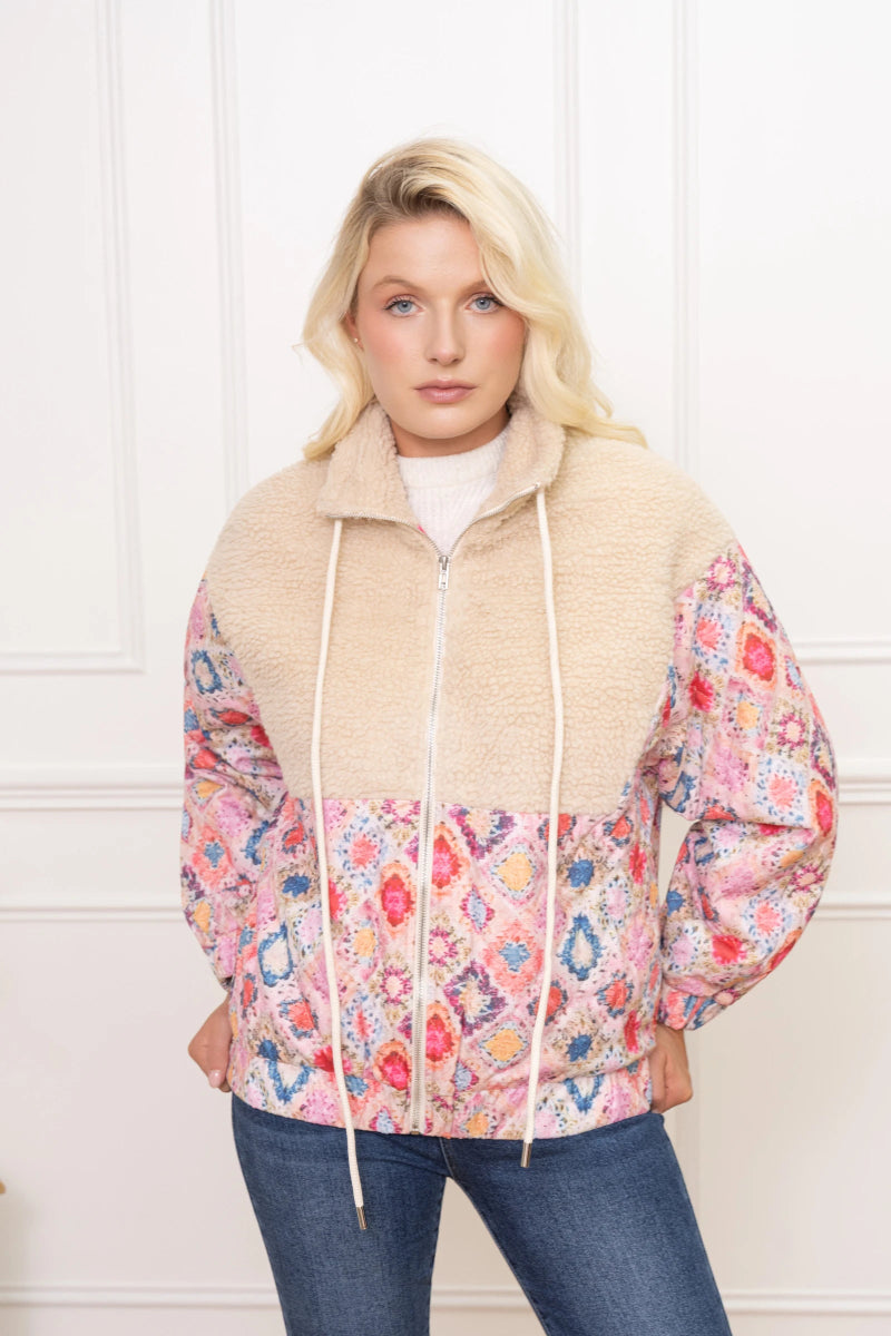 Veste zippée à empiècement sherpa et imprimé géométrique coloré - RIVE GAUCHE