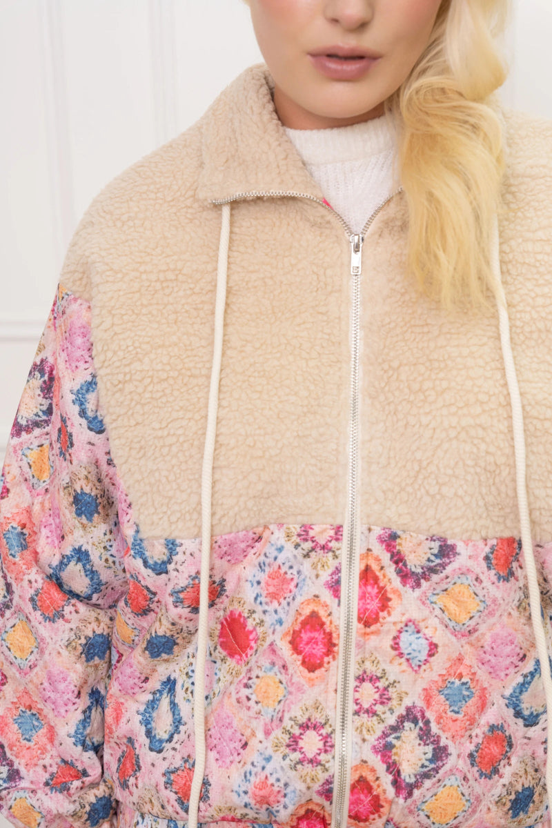 Veste zippée à empiècement sherpa et imprimé géométrique coloré - RIVE GAUCHE
