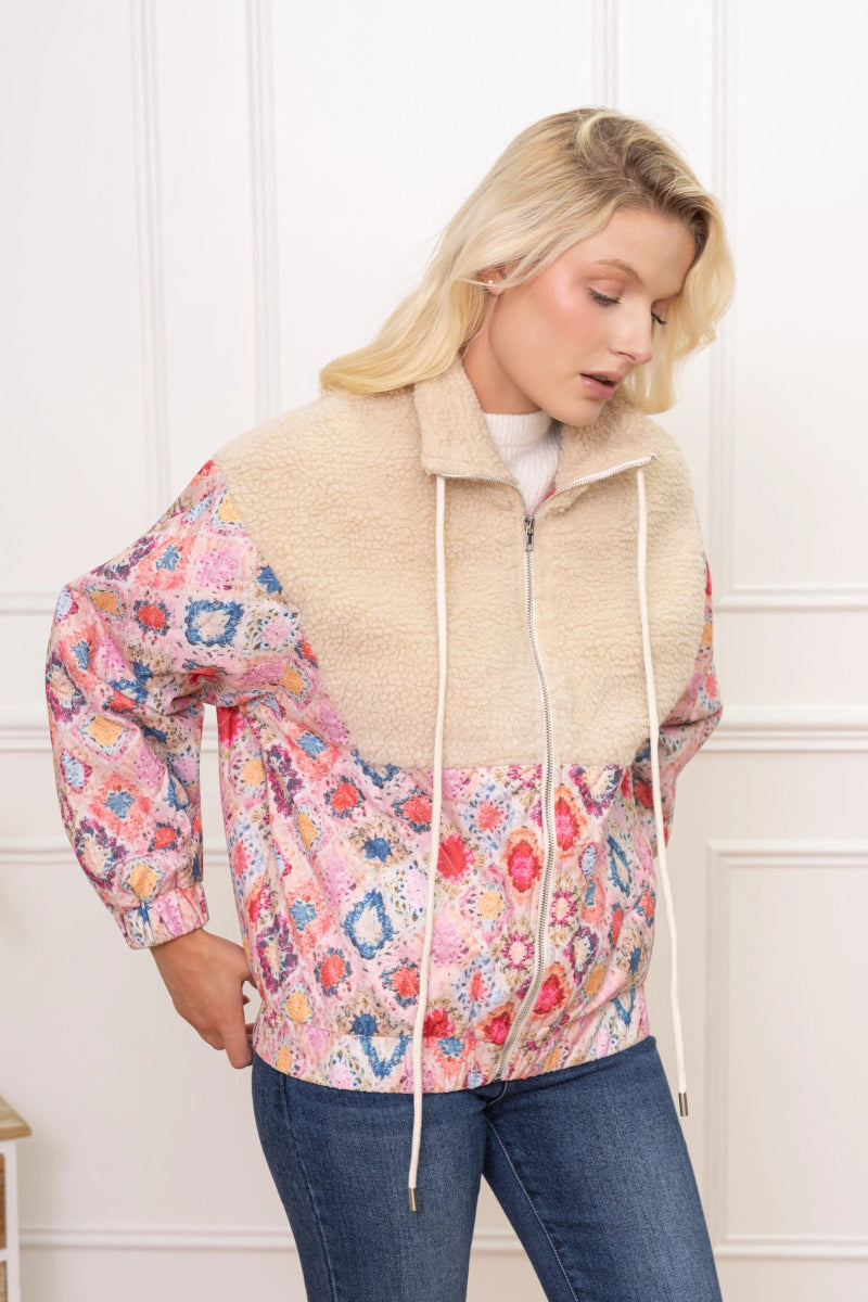 Veste zippée à empiècement sherpa et imprimé géométrique coloré - RIVE GAUCHE